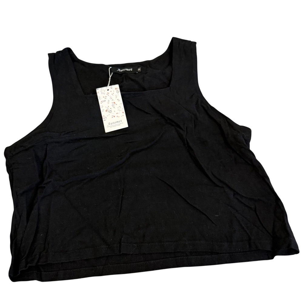 Automet Womens Square Neck Tank Top Black Sleeveless Crop Knit Shirt Size M NEW